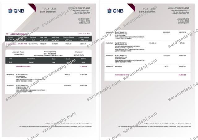 Qatar QNB Bank statement Word and PDF template, 2 pages